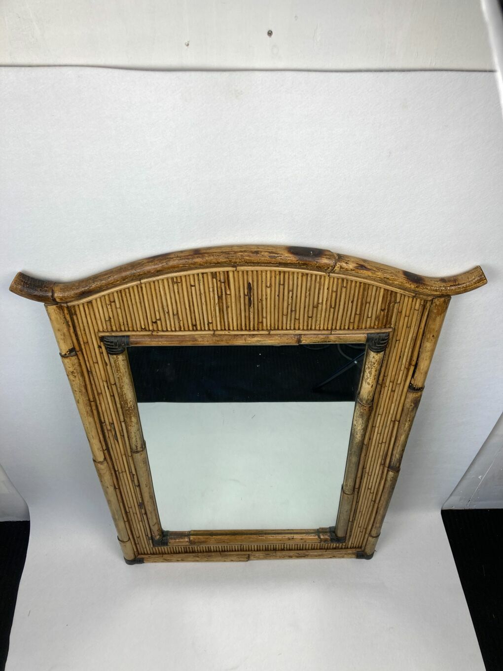 Midcentury Palm Regency Bamboo Rattan Pencil Reed Mirror photo for sale