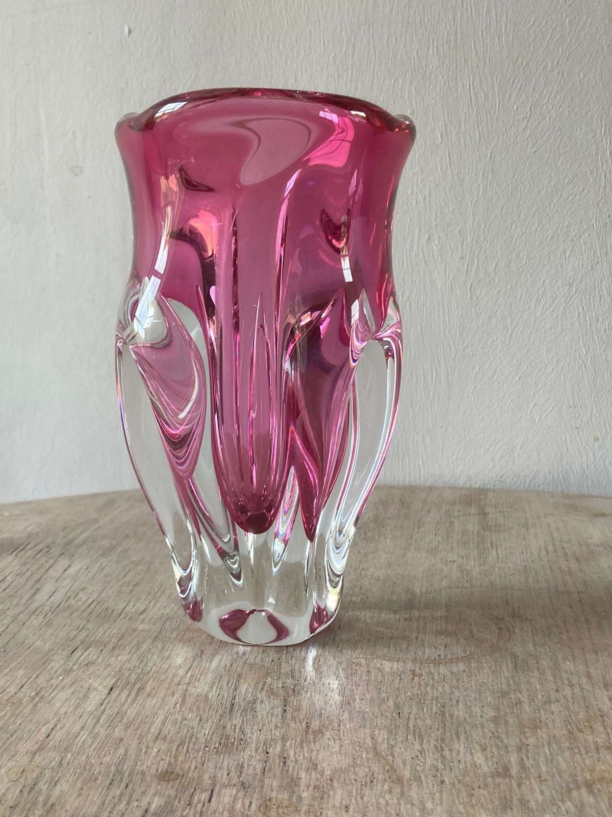 Mcm Tall Pink And Clear Sommerso Glass Chribskan Vase. Hospodka photo for sale