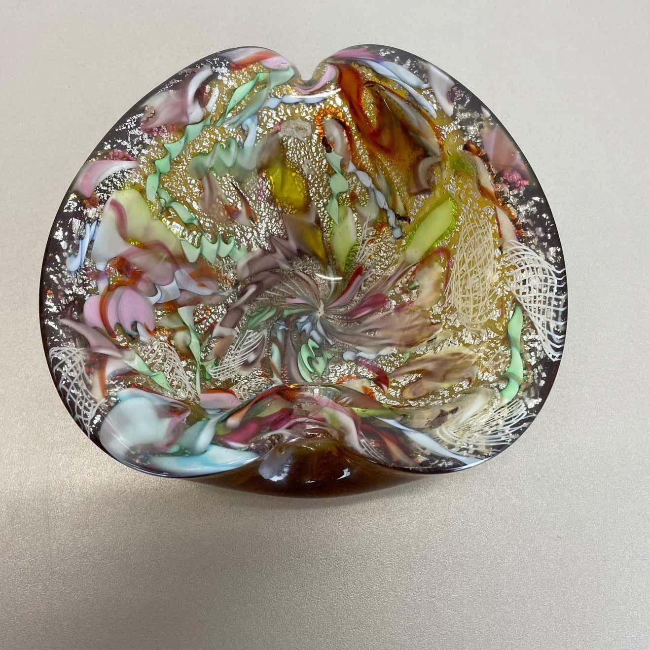 Multicolor Murano Glass Bowl Gold Flakes Shell Ashtray Dino Martens Italy, 1960s photo vintage