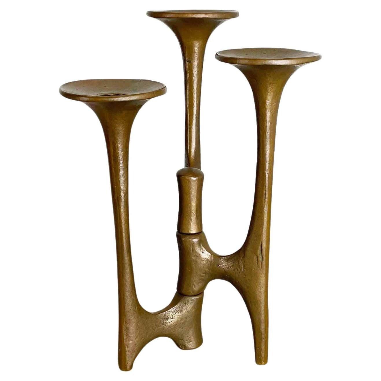 Midcentury Brutalist Bronze Tripod Candleholder By Michael Harjes, Germany 1960s