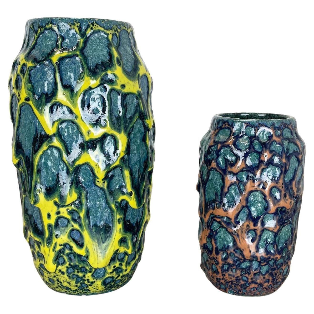 Set Of 2 Rare Super Color Crusty Fat Lava Vases By Scheurich, Germany Wgp, 1970s