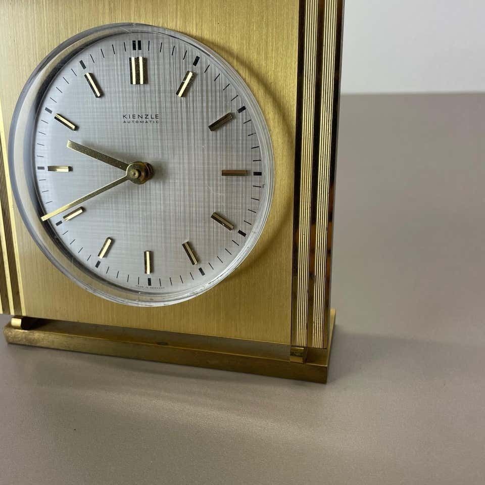 Vintage Hollywood Regency Brass Glass Table Clock By Kienzle, Germany 1960s photo vinterior