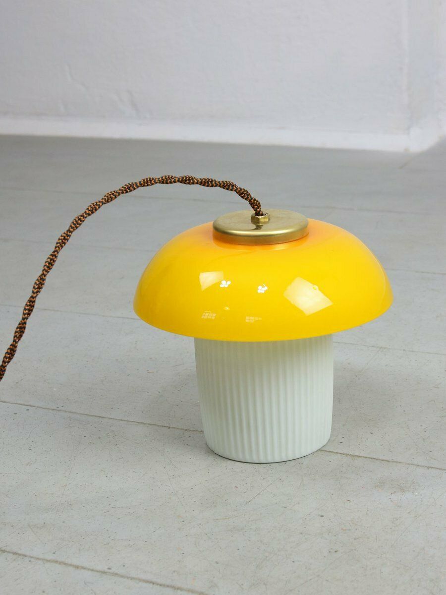 Mid Century Mushroom Pendant Lamp In Yellow Glass And Brass photo furniture