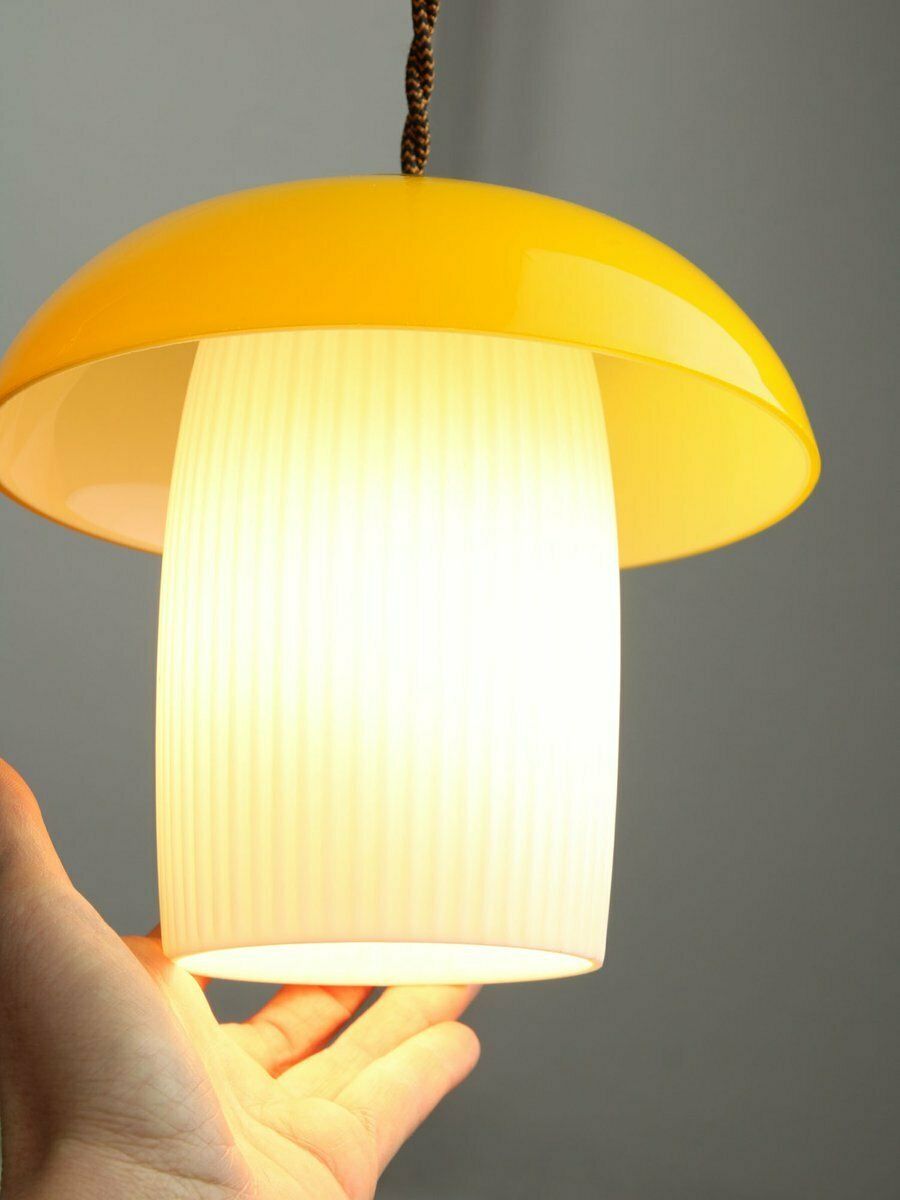 Mid Century Mushroom Pendant Lamp In Yellow Glass And Brass photo 747.0