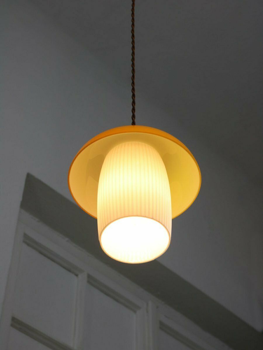 Mid Century Mushroom Pendant Lamp In Yellow Glass And Brass photo vinterior
