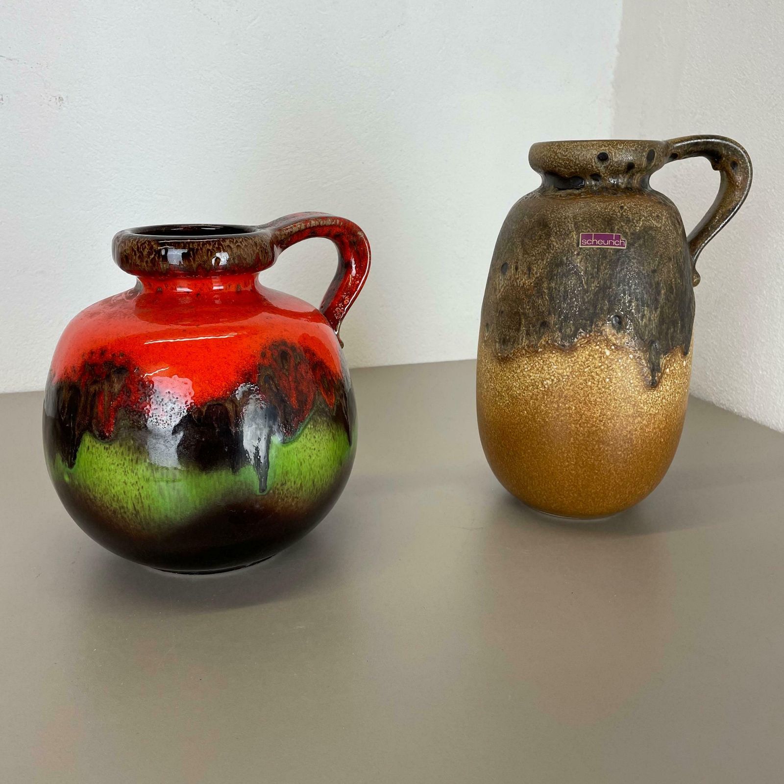 Set Of Two Pottery Fat Lava Vases "Multi Color" By Scheurich, Germany, 1970s photo Home Decor