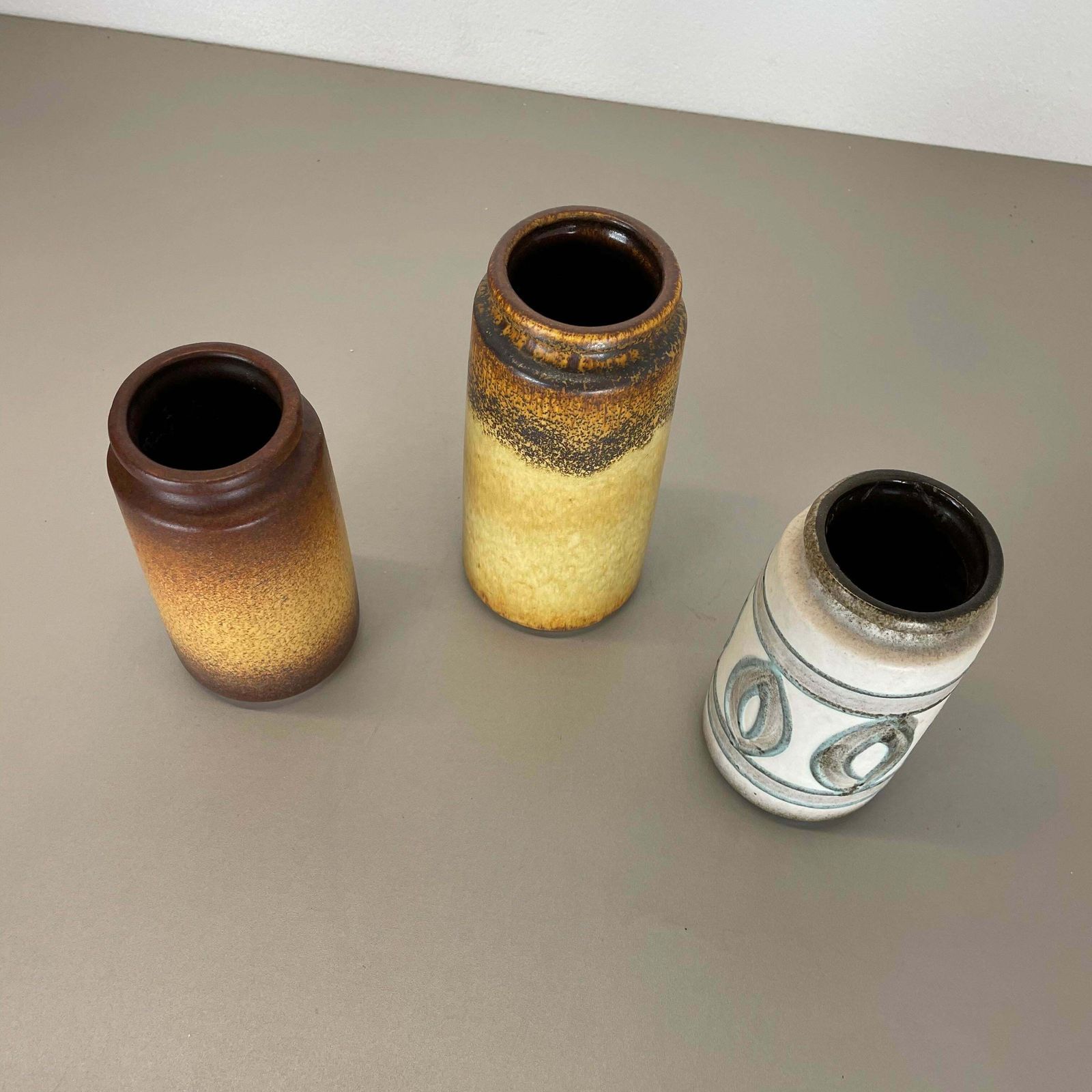 photo buy Set Of Three Pottery Fat Lava Vases "Multi Colour" By Scheurich, Germany, 1970s