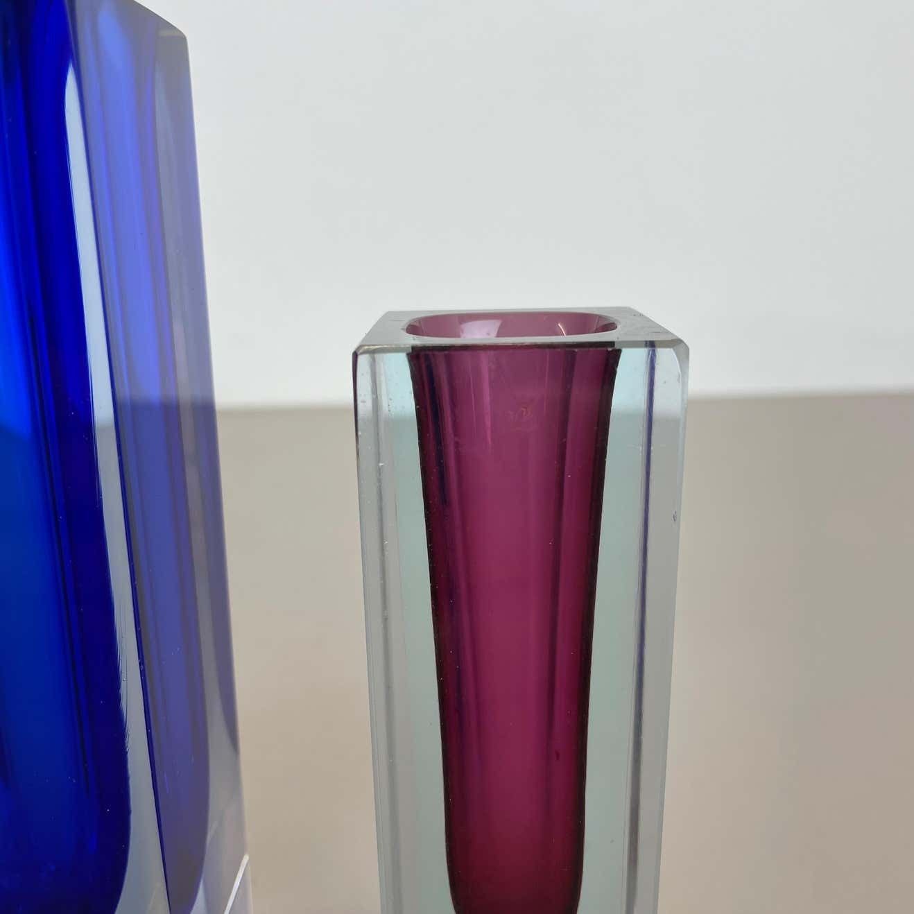 Rare Set Of 3 Multicolor Faceted Murano Glass Sommerso Cube Vases, Italy, 1970s photo vinterior