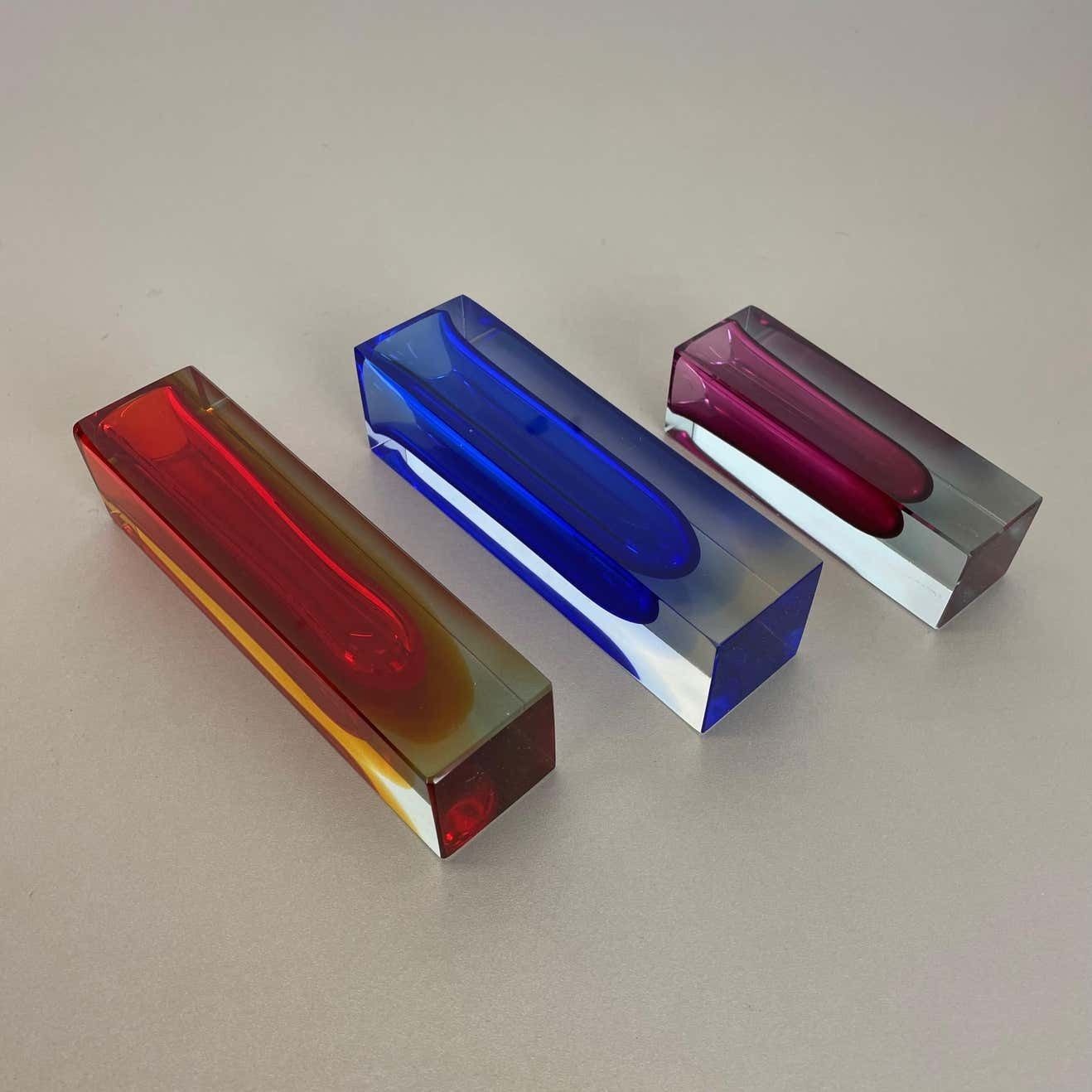 Home Decor Rare Set Of 3 Multicolor Faceted Murano Glass Sommerso Cube Vases, Italy, 1970s photo
