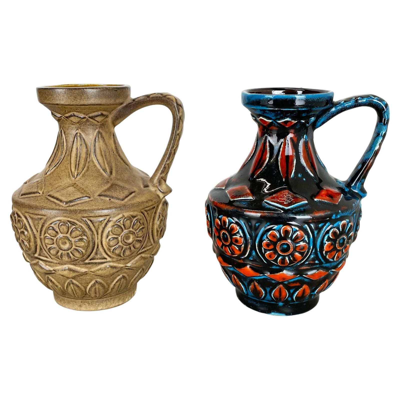 Set Of 2 Multi Colour Fat Lava Op Art Pottery Vase By Bay Ceramics Germany 1960s