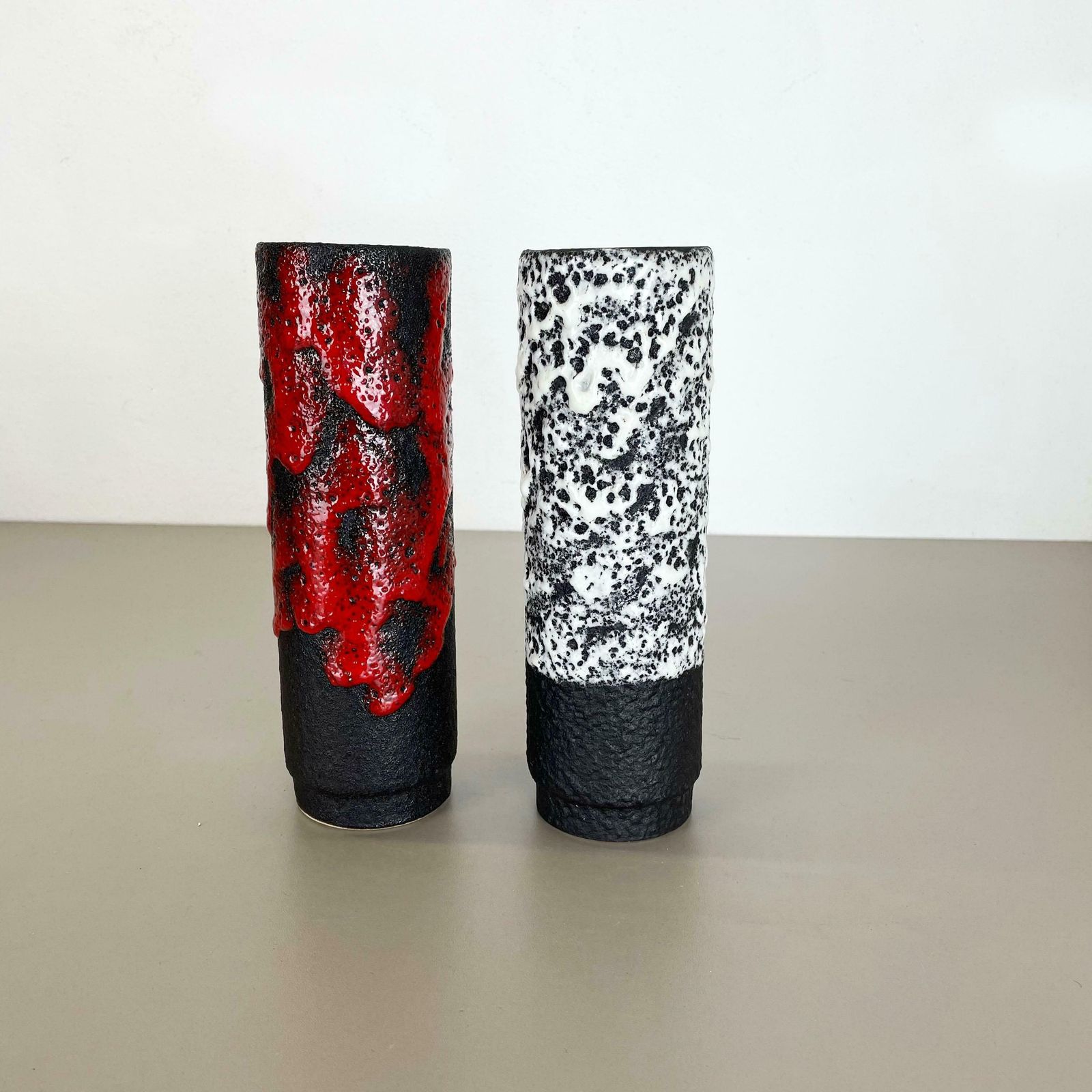 Set Of Two Pottery Fat Lava Vases Black Red White By Jopeko  Germany 1970s photo 637.0