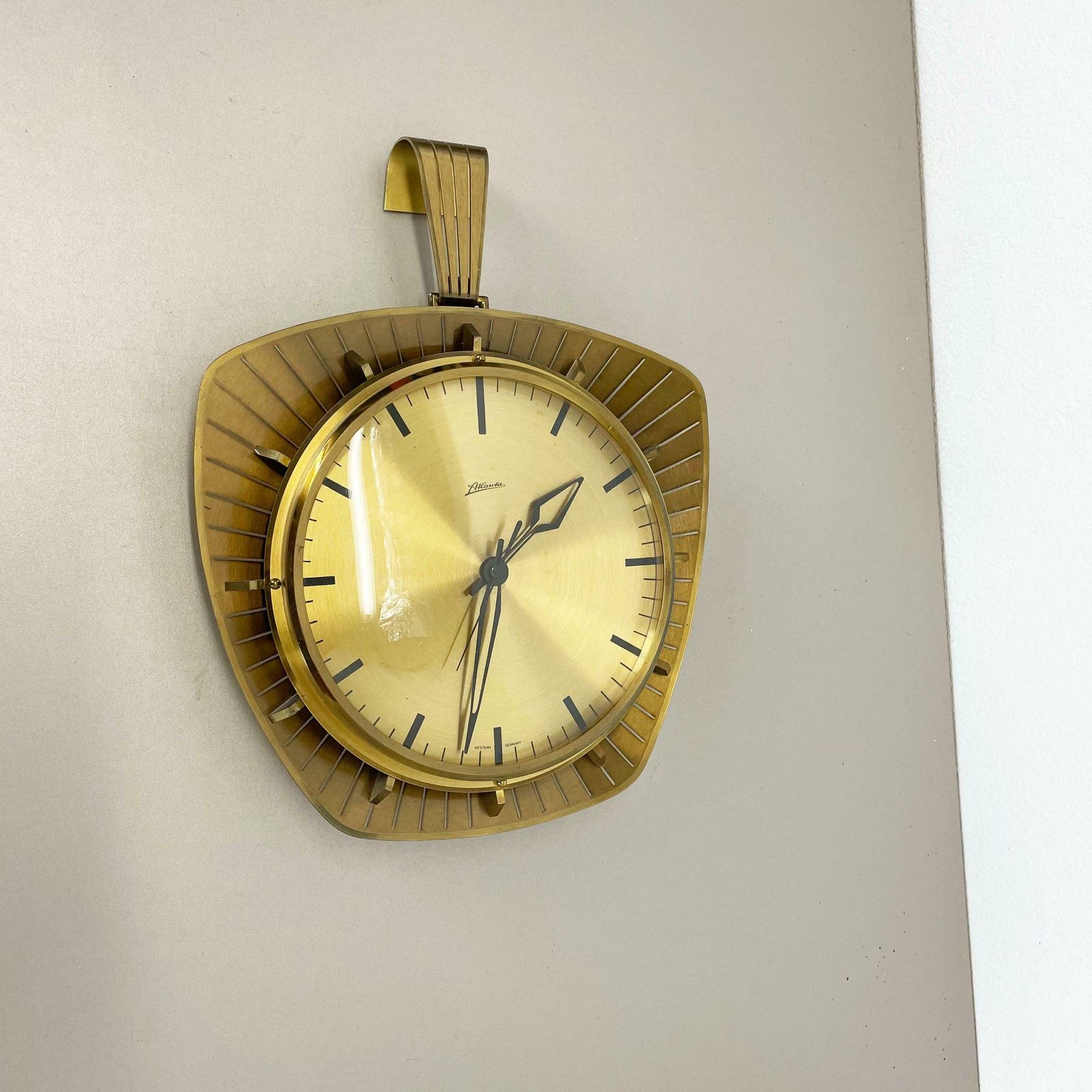 Vintage Hollywood Regency Brass Wall Clock Atlanta Kienzle Germany 1950s photo for sale