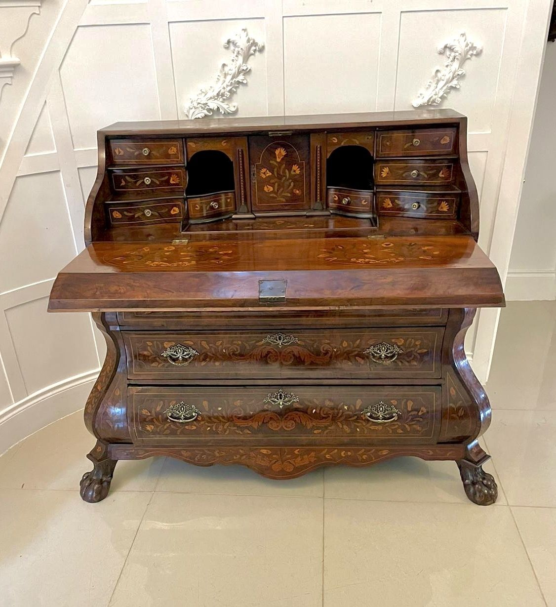 Antique 18th Century Quality Burr Walnut Floral Marquetry Inlaid Bombe Shaped Bureau photo vintage