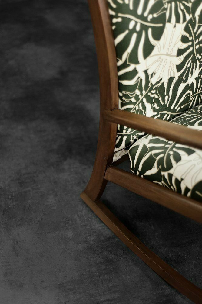 Danish Modern Rocking Chair In Wood And Monstera Leaf Pattern Fabric, 1960s photo vinterior