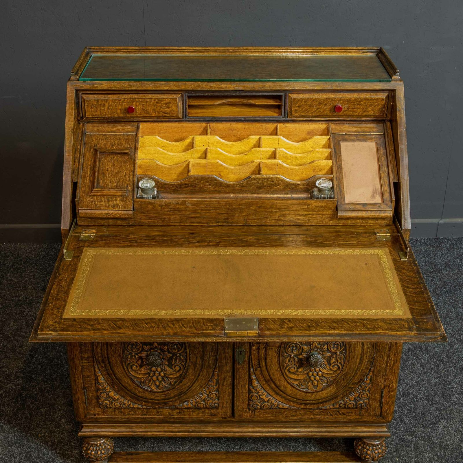 2300.0 Early 20th Century Carved Oak Bureau photo
