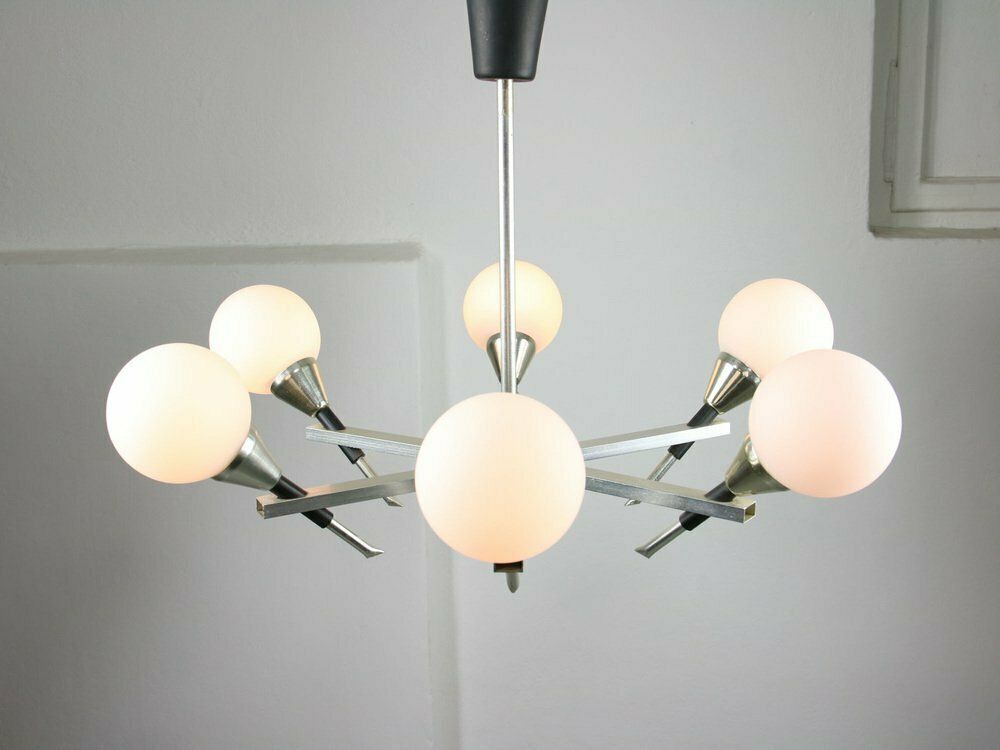Space Age Italian Chandelier In Aluminum And Opaline Glass photo vinterior