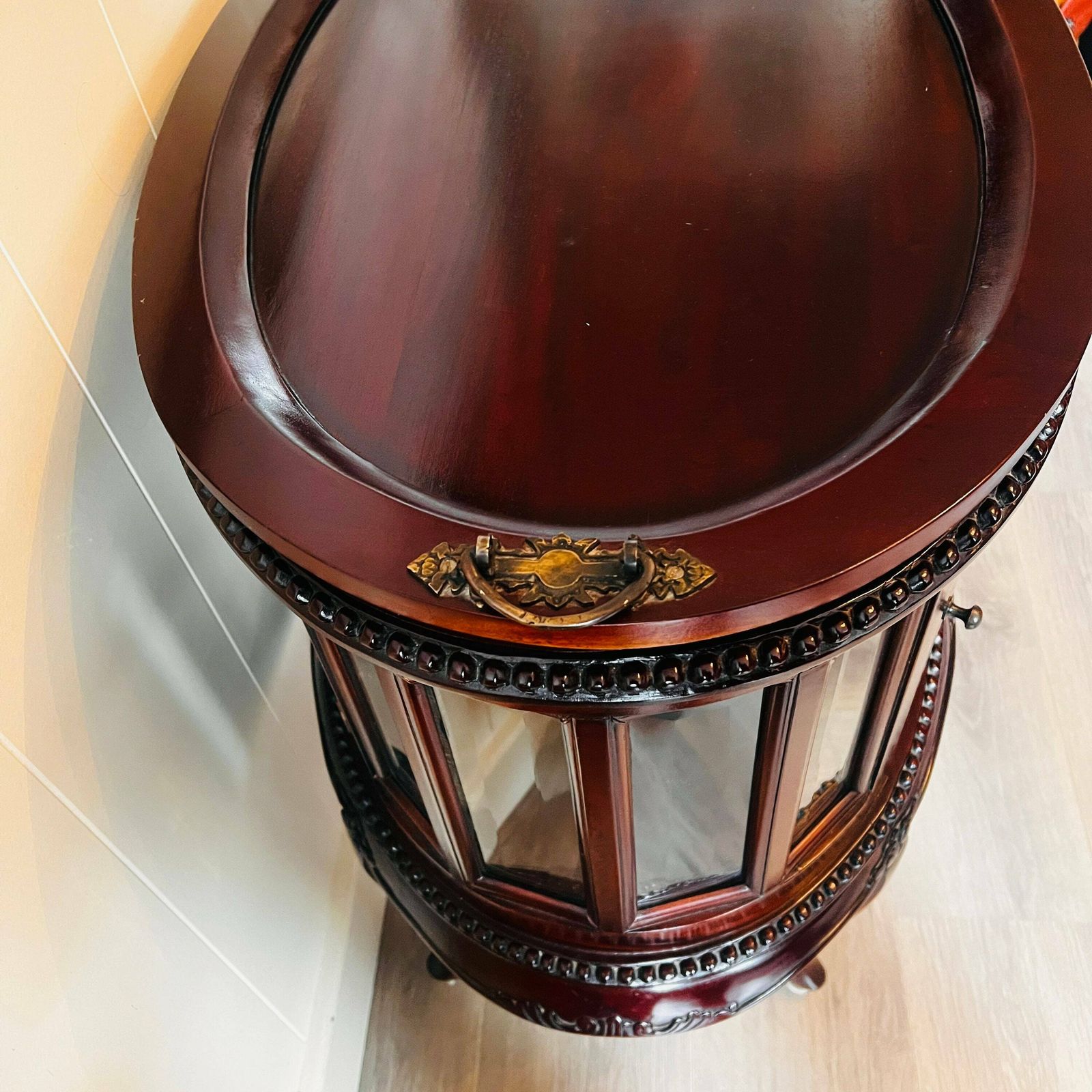 Vintage Hand Carved Wood Cabinet With Oval Tray Top Mahogany Display Tablewood Round Table, Tea Table, Interior Design photo vinterior