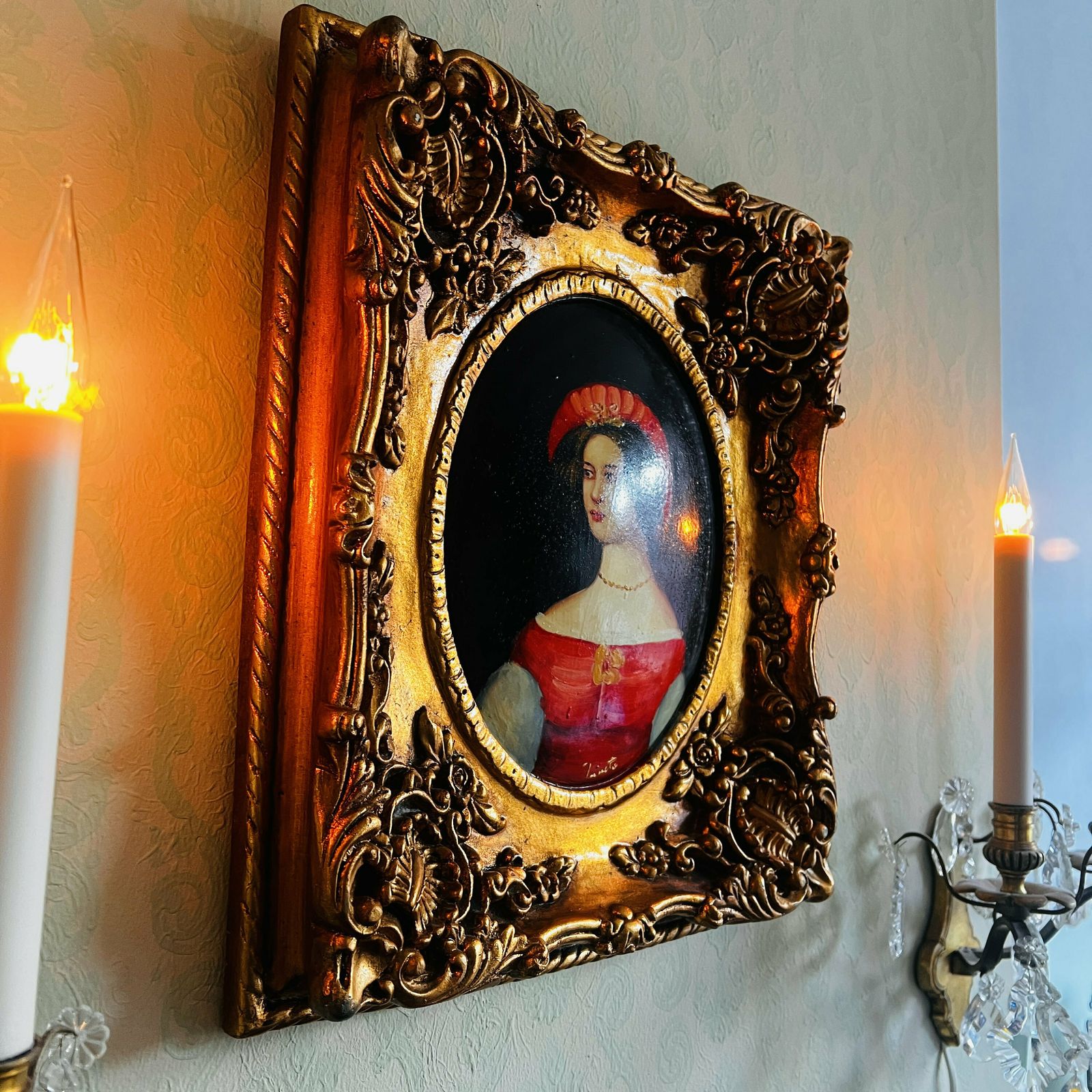 Gorgeous Lady Portrait, Old Painting On Wood, Golden Frame, Home Decor, Wall Hanging photo for sale