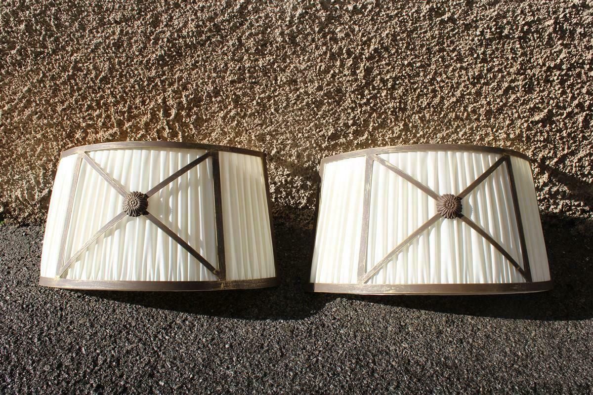 Classic Pair Of Curved Wall Lamps In Silk And Brass Parts 1970s Italy photo furniture