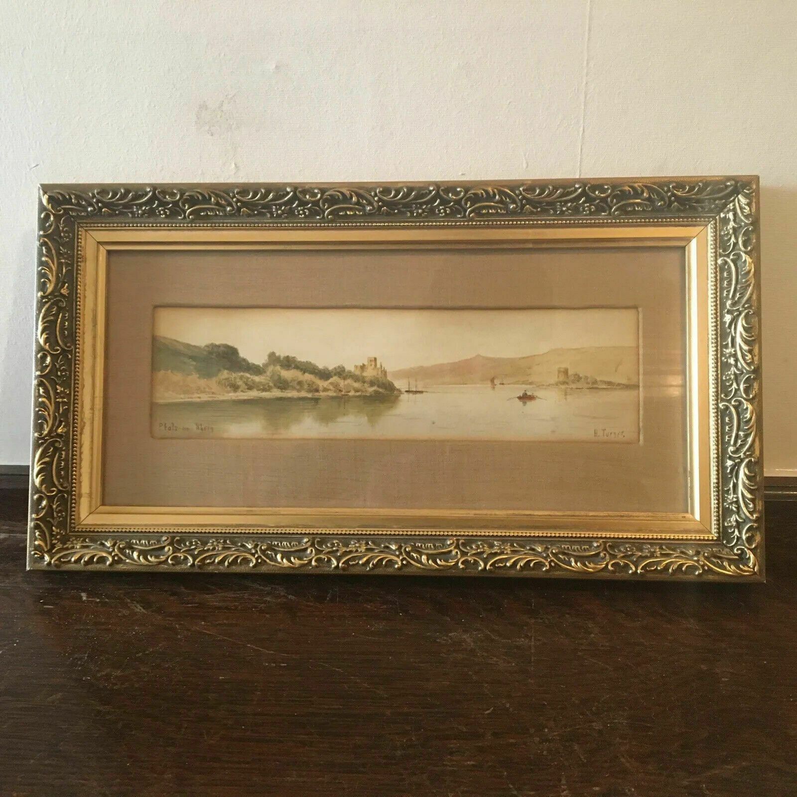 Charles Henry Turner Antique Watercolour Landscape Painting 1880s Rhein Framed