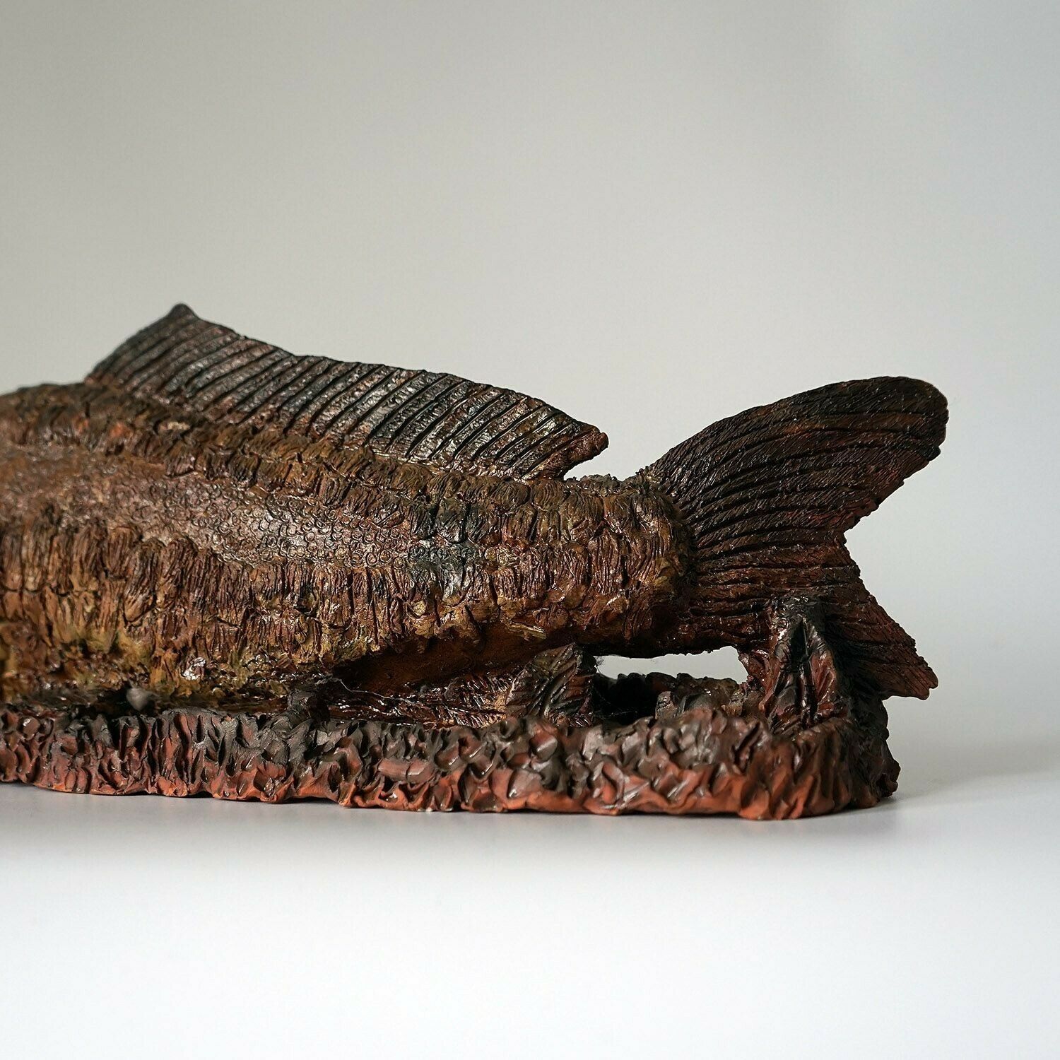Large Antique Glazed Studio Pottery Ceramic Fish Sculpture, C. 1900 Terracotta Figure photo vintage