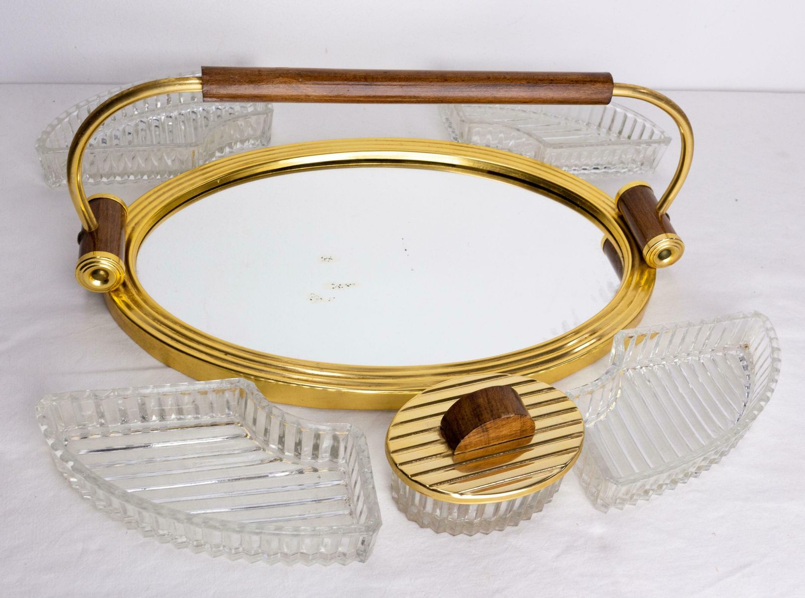 French Mirror Glass Brass & Wood Service Five Bowls Art Deco Style, C. 1960 photo for sale