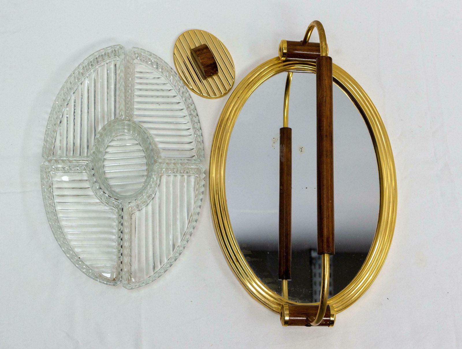 French Mirror Glass Brass & Wood Service Five Bowls Art Deco Style, C. 1960 photo Home Decor