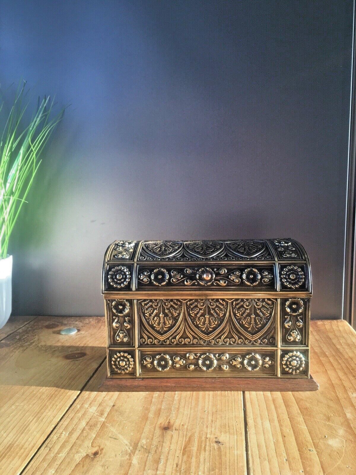 Exceptional Ornate Antique Oak Brass Dome Chest Desk Letter Rack Stationary Box photo Home Decor