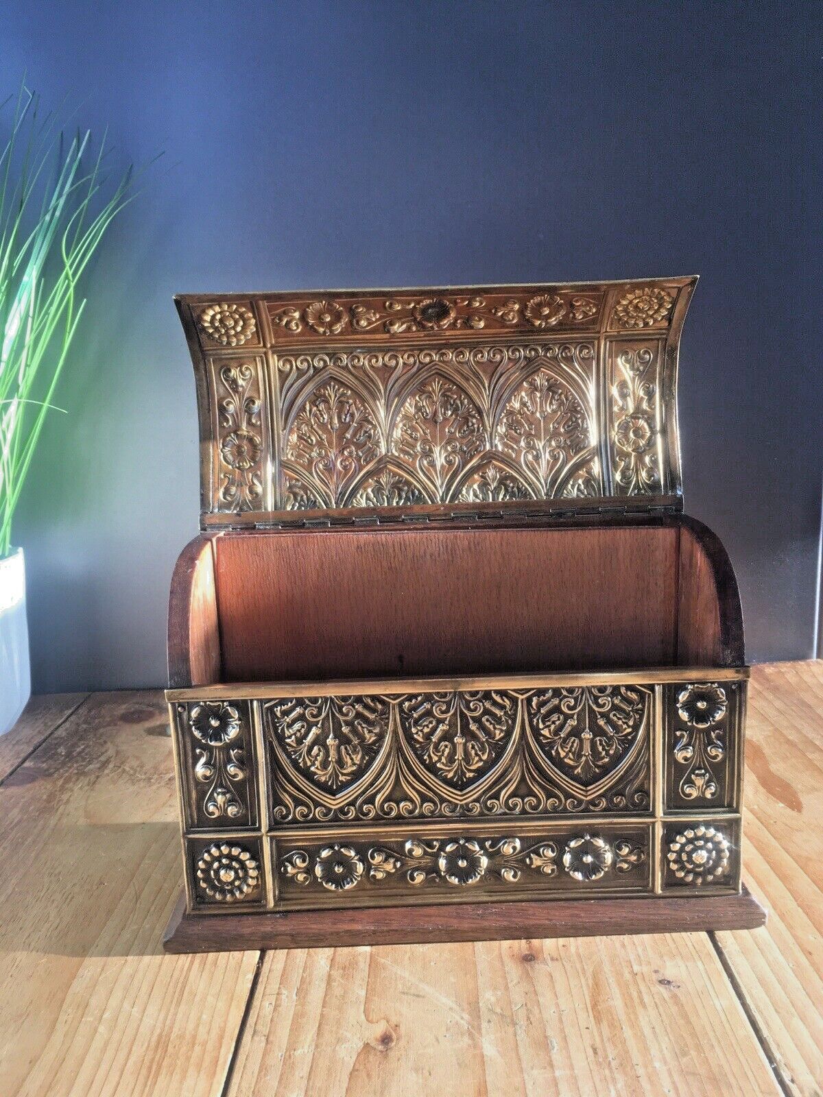 Exceptional Ornate Antique Oak Brass Dome Chest Desk Letter Rack Stationary Box photo buy