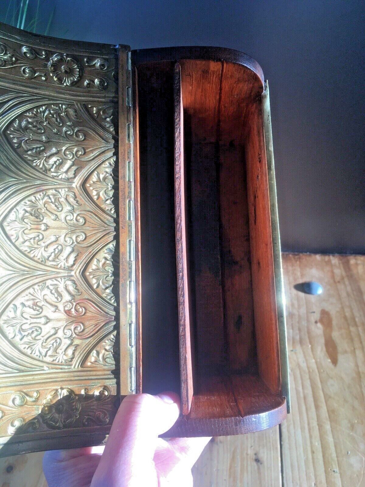 photo furniture Exceptional Ornate Antique Oak Brass Dome Chest Desk Letter Rack Stationary Box