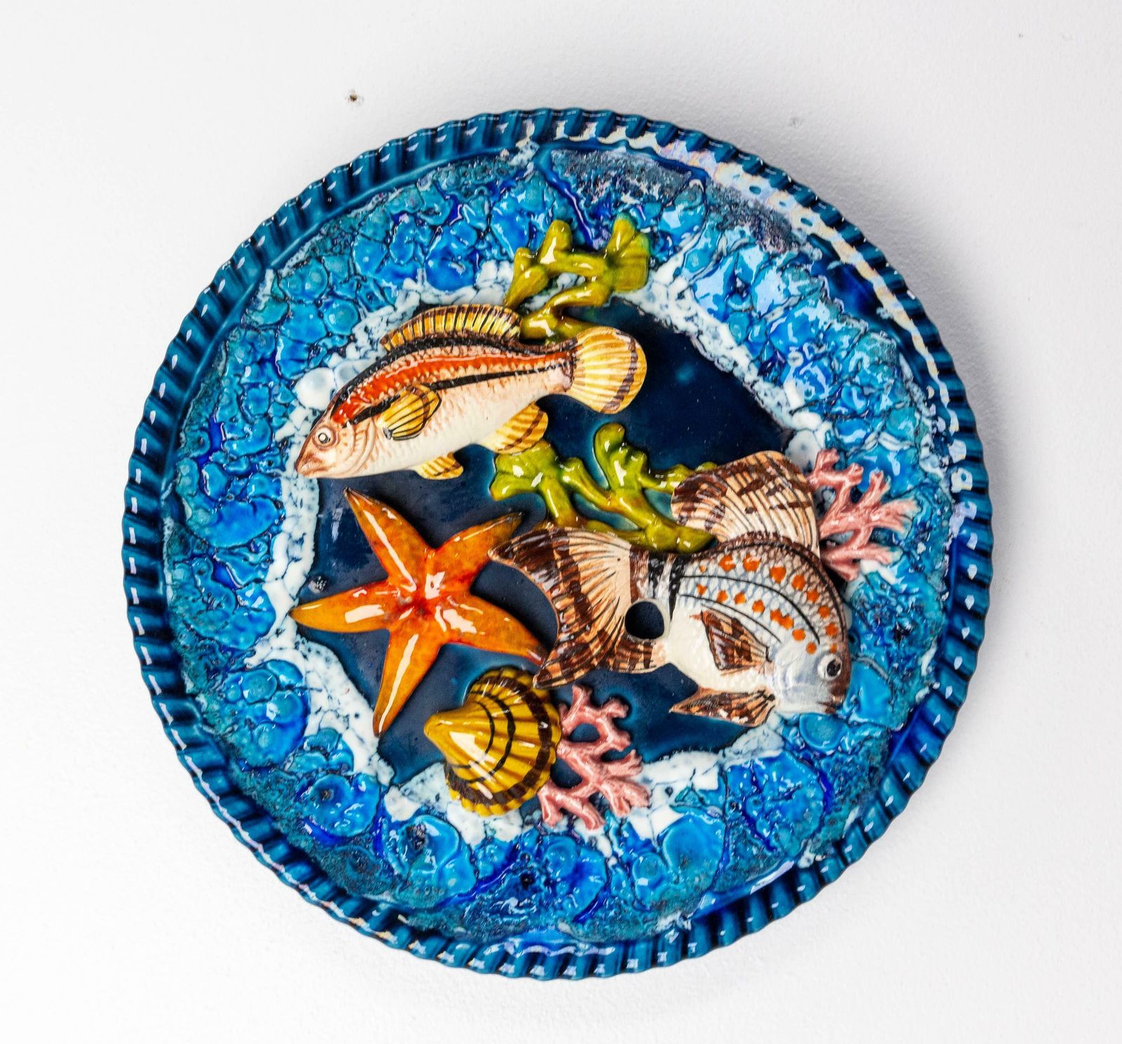 Barbotine Hand Painted Seafood Faience Plate, France, Mid Century photo furniture