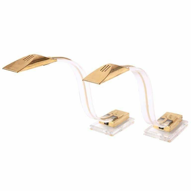 photo for sale Set Of Two 1970s Italian Modern Brass, Lucite Desk Lamps