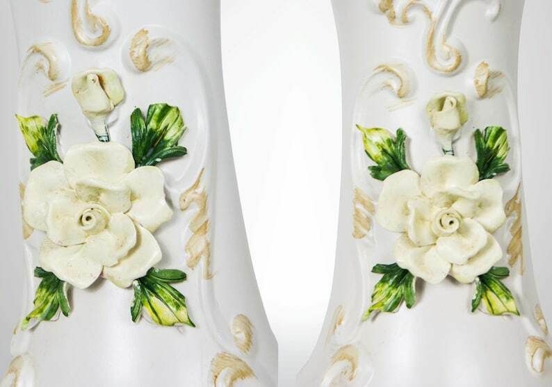 1950s Capodimonte Italy Pair Of Jardinières On Pedestal Stands With Appliqué Flowers photo buy