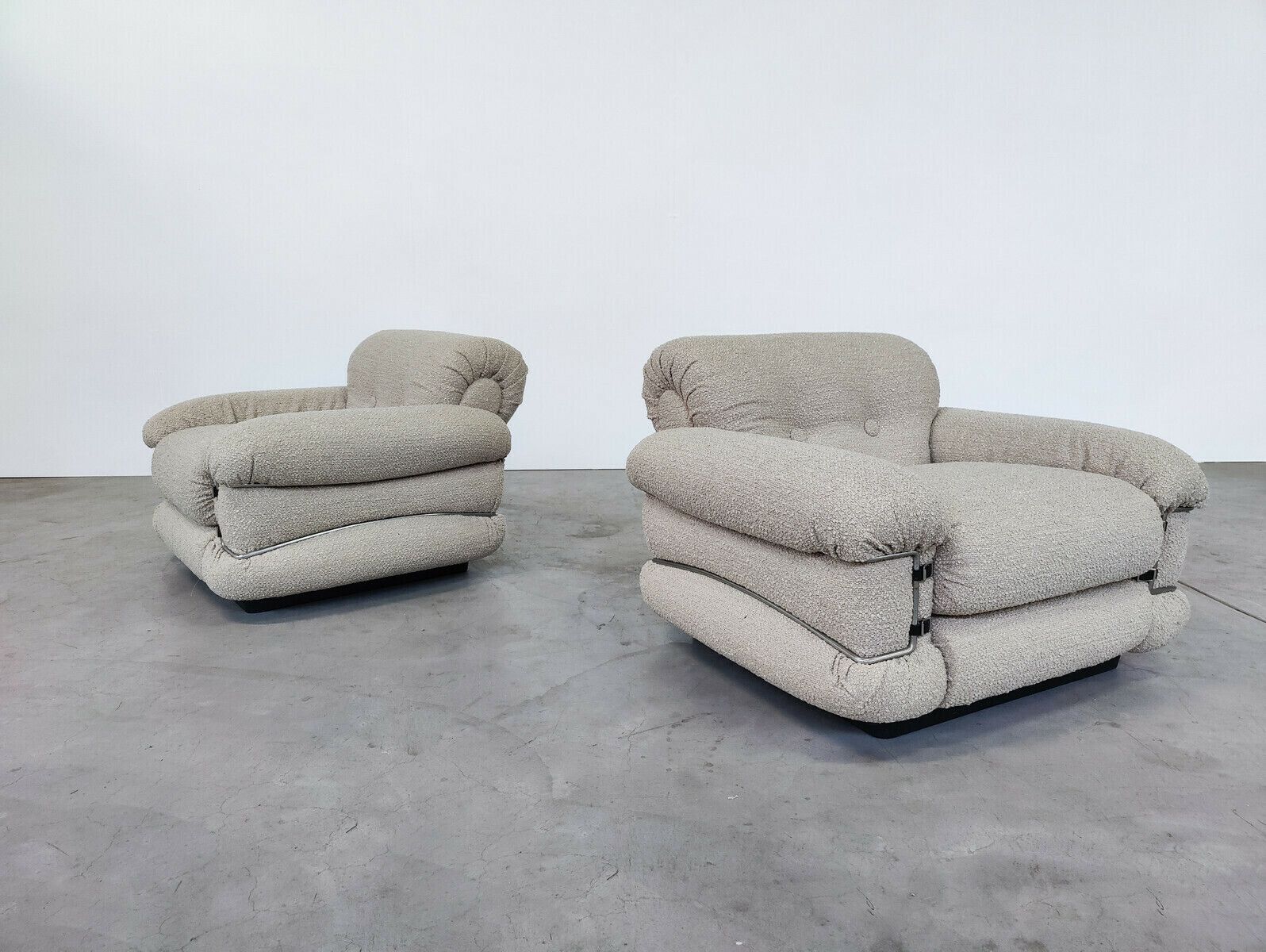 Pair Of Italian Mid Century Modern Armchairs In Beige Boucle photo for sale
