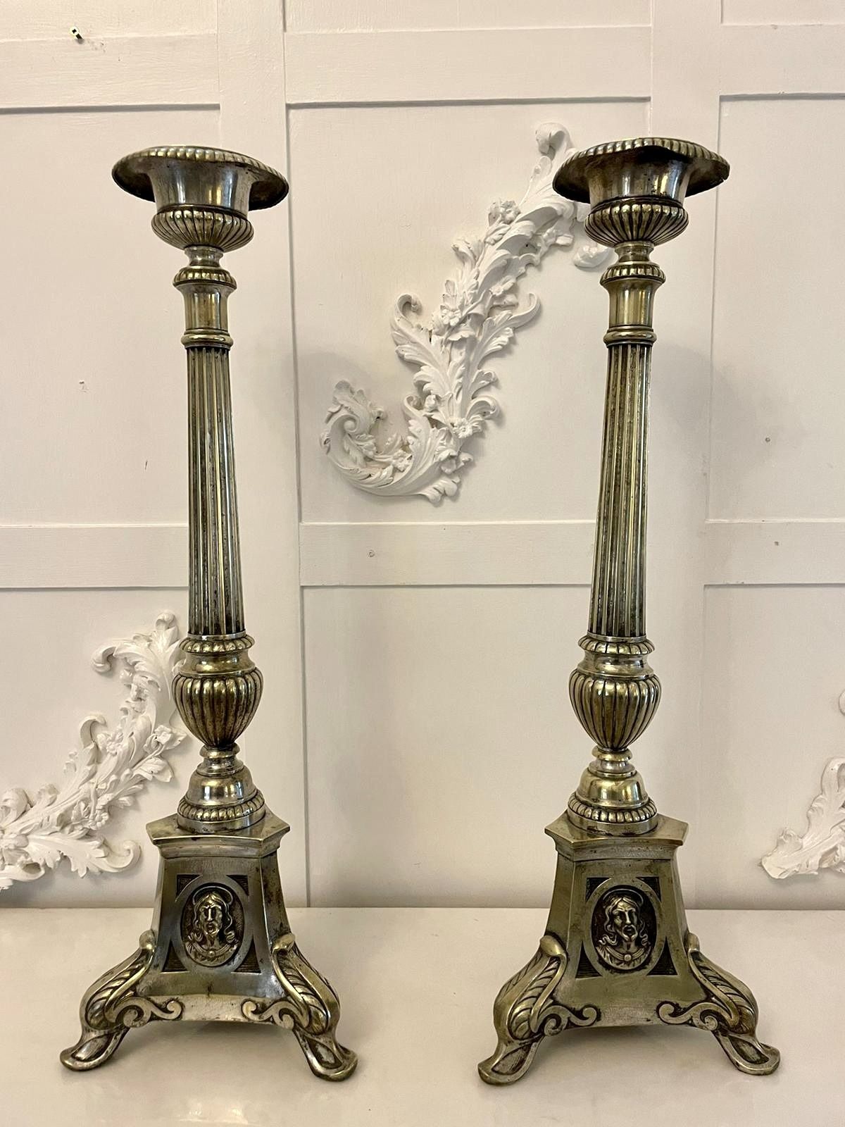 Large Pair Of Antique 19th Century Quality Brass Candlesticks