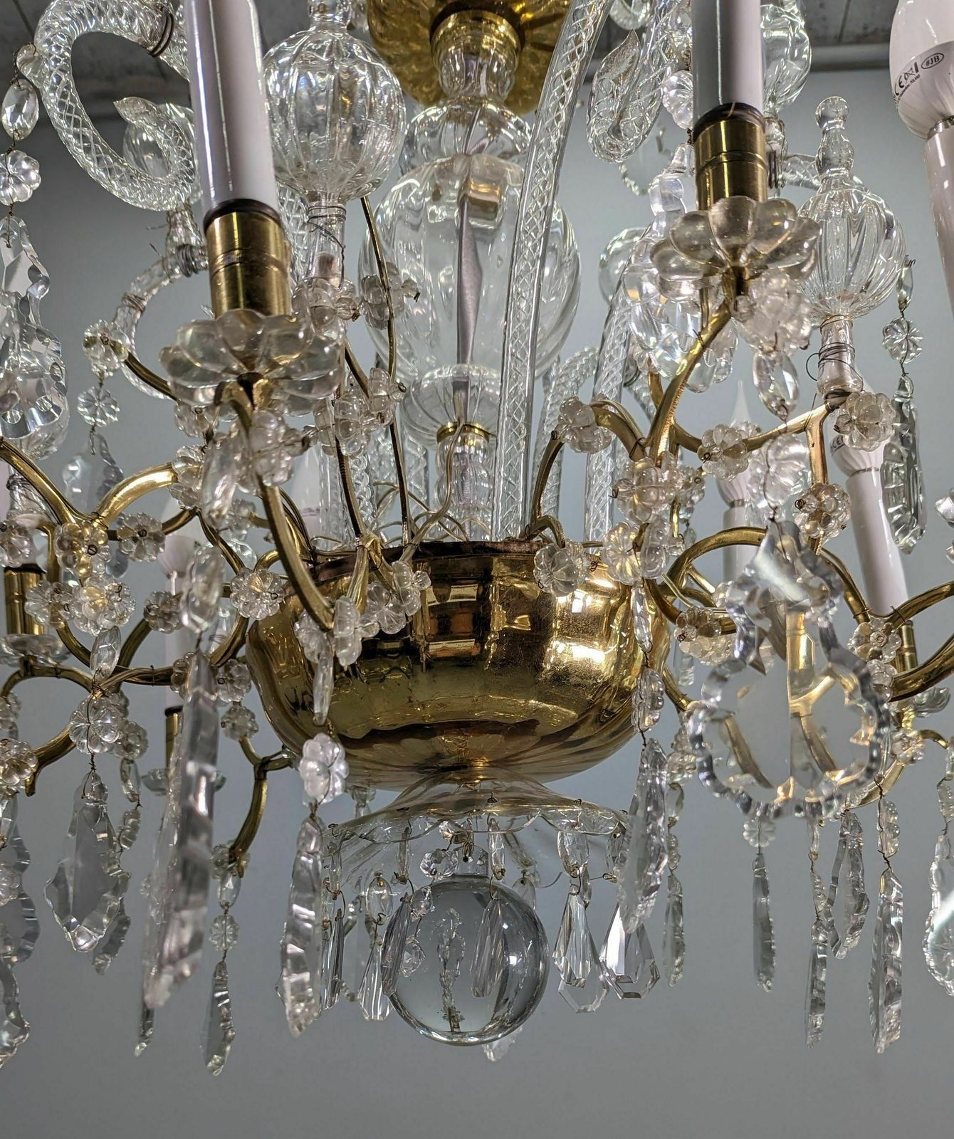 photo furniture Bronze Chandelier And Glass Pendants Circa 1960