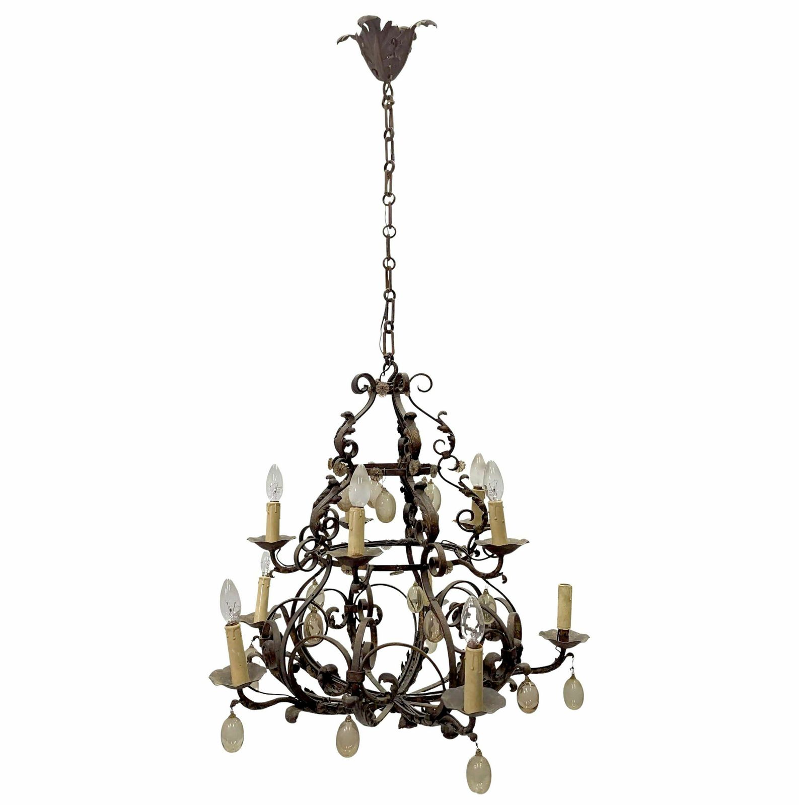 Wrought Iron And Blown Glass Chandelier, Early 20th Century photo furniture