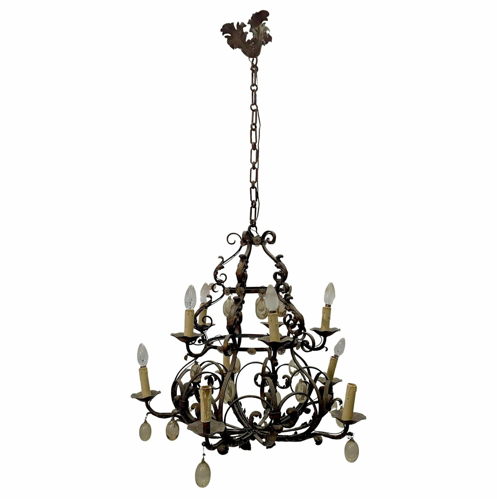 Wrought Iron And Blown Glass Chandelier, Early 20th Century photo for sale