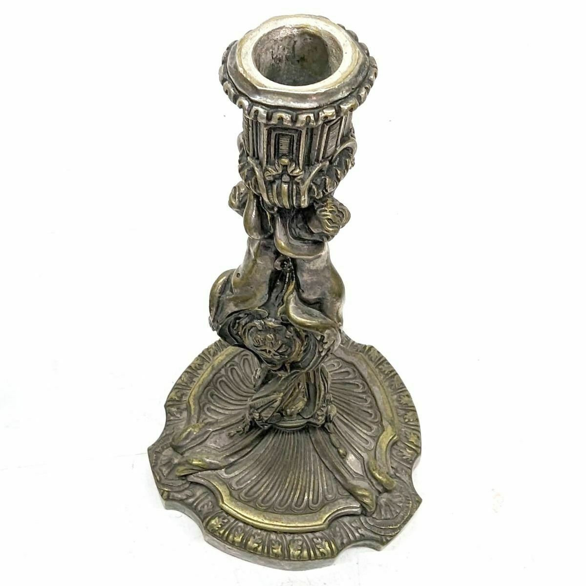 Home Decor Pair Of Silvered Bronze Candlesticks With 19th Century Cherubs photo