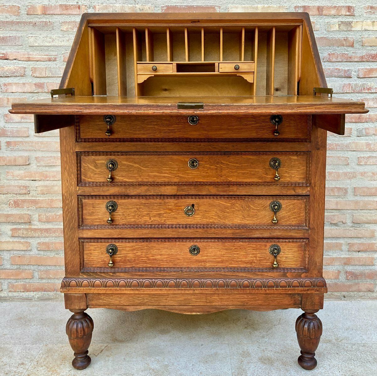 Vintage French Carved Secretaire In Oak 1940s photo vinterior