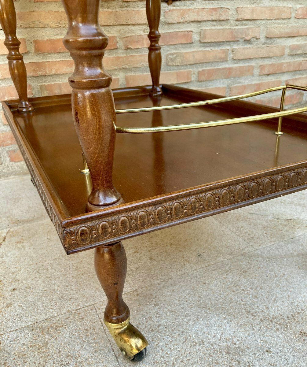 Mid Century French Mahogany And Brass Serving Bar Cart 1960s photo vintage