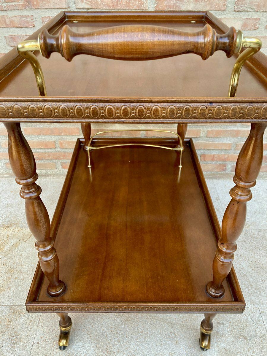Furniture Mid Century French Mahogany And Brass Serving Bar Cart 1960s photo