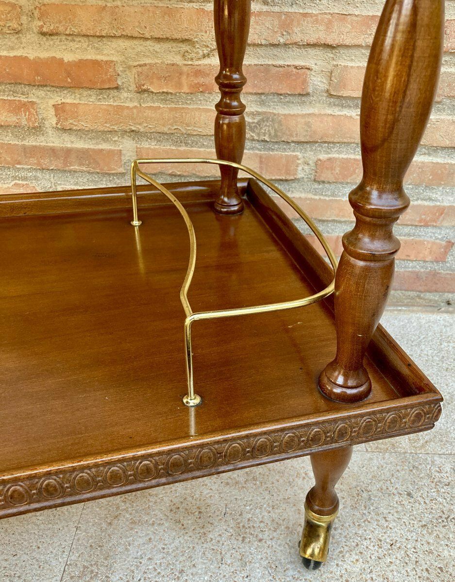 photo vinterior Mid Century French Mahogany And Brass Serving Bar Cart 1960s