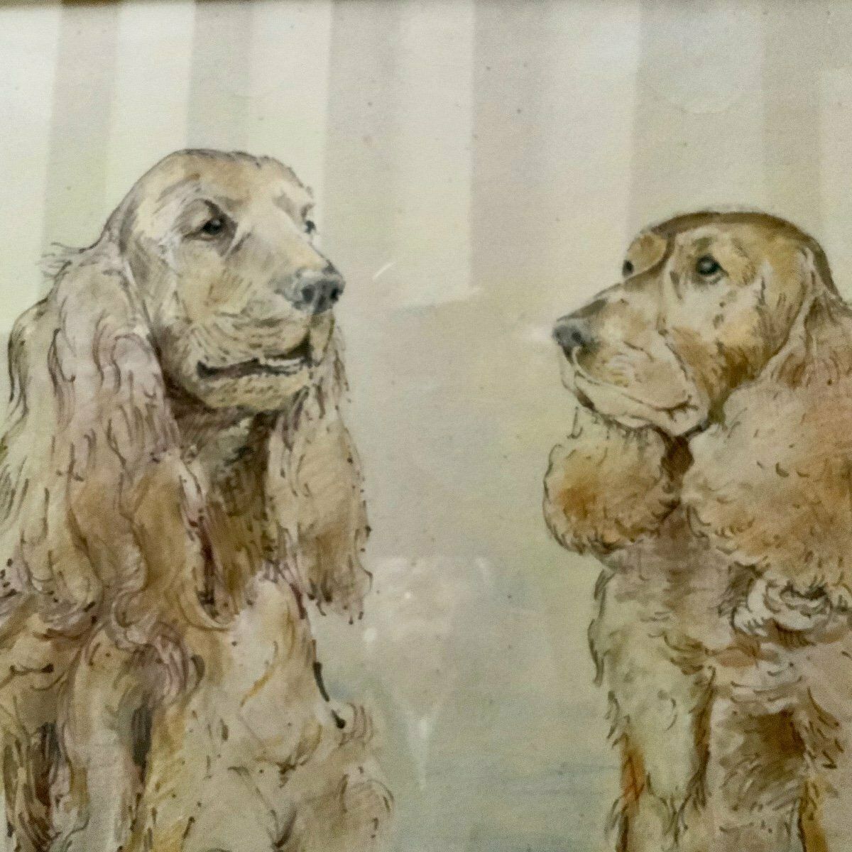 Watercolor Couple Of Dogs, Early 20th Century photo vintage