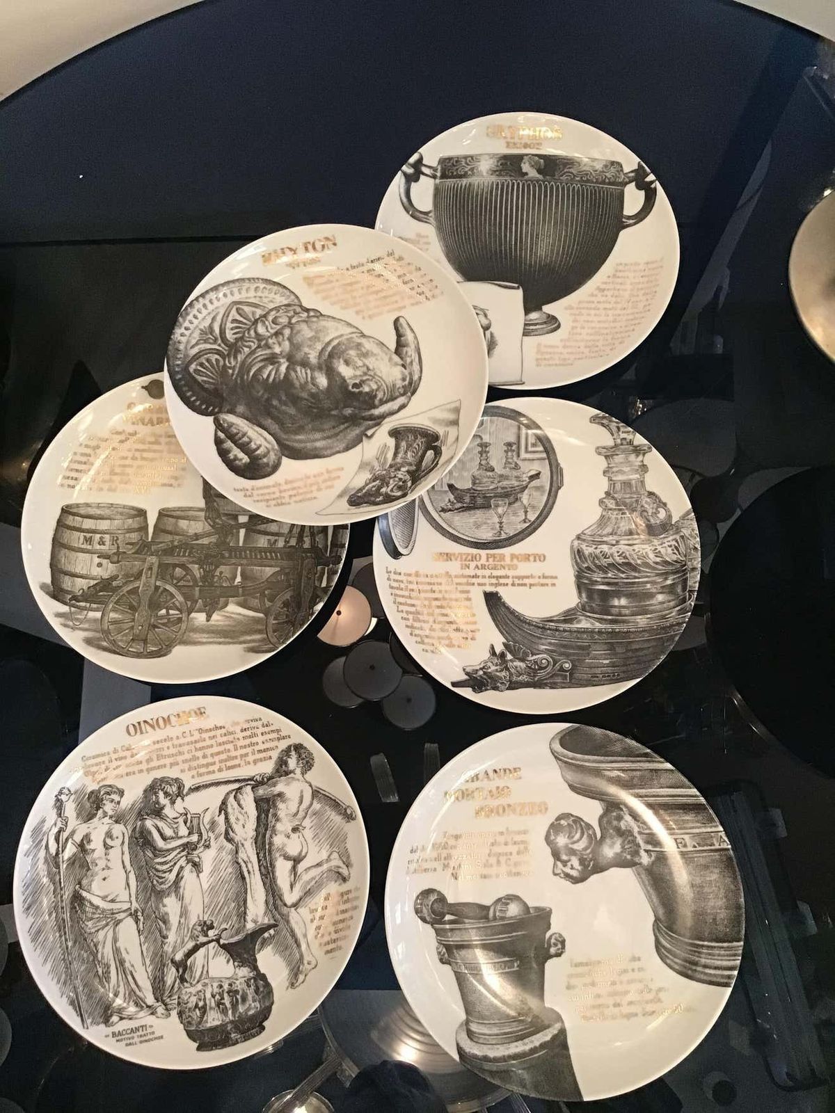 Fornasetti Set Of 6 Plates For Martini And Rossi Porcelain, 1970, Italy photo vinterior