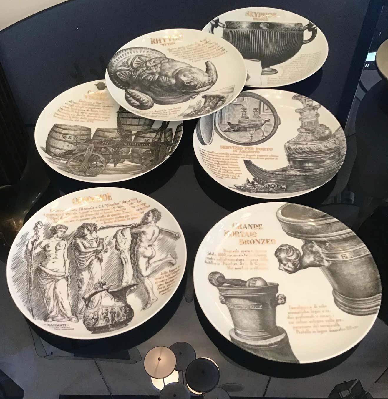 2898.0 Fornasetti Set Of 6 Plates For Martini And Rossi Porcelain, 1970, Italy photo