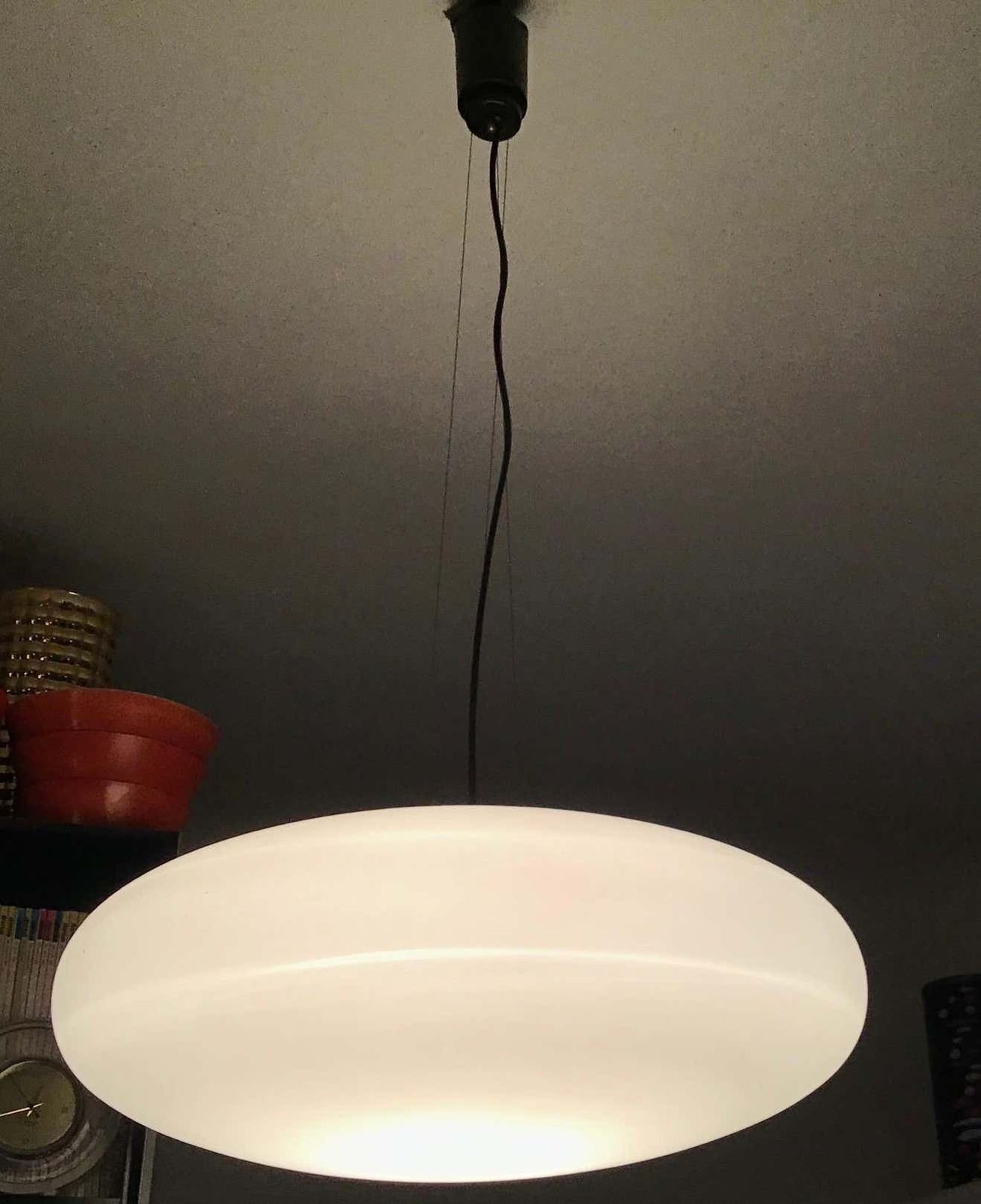 Stilnovo Chandelier “Ciambella” 1950 Opaline Glass Metal Brass, Italy photo Lighting