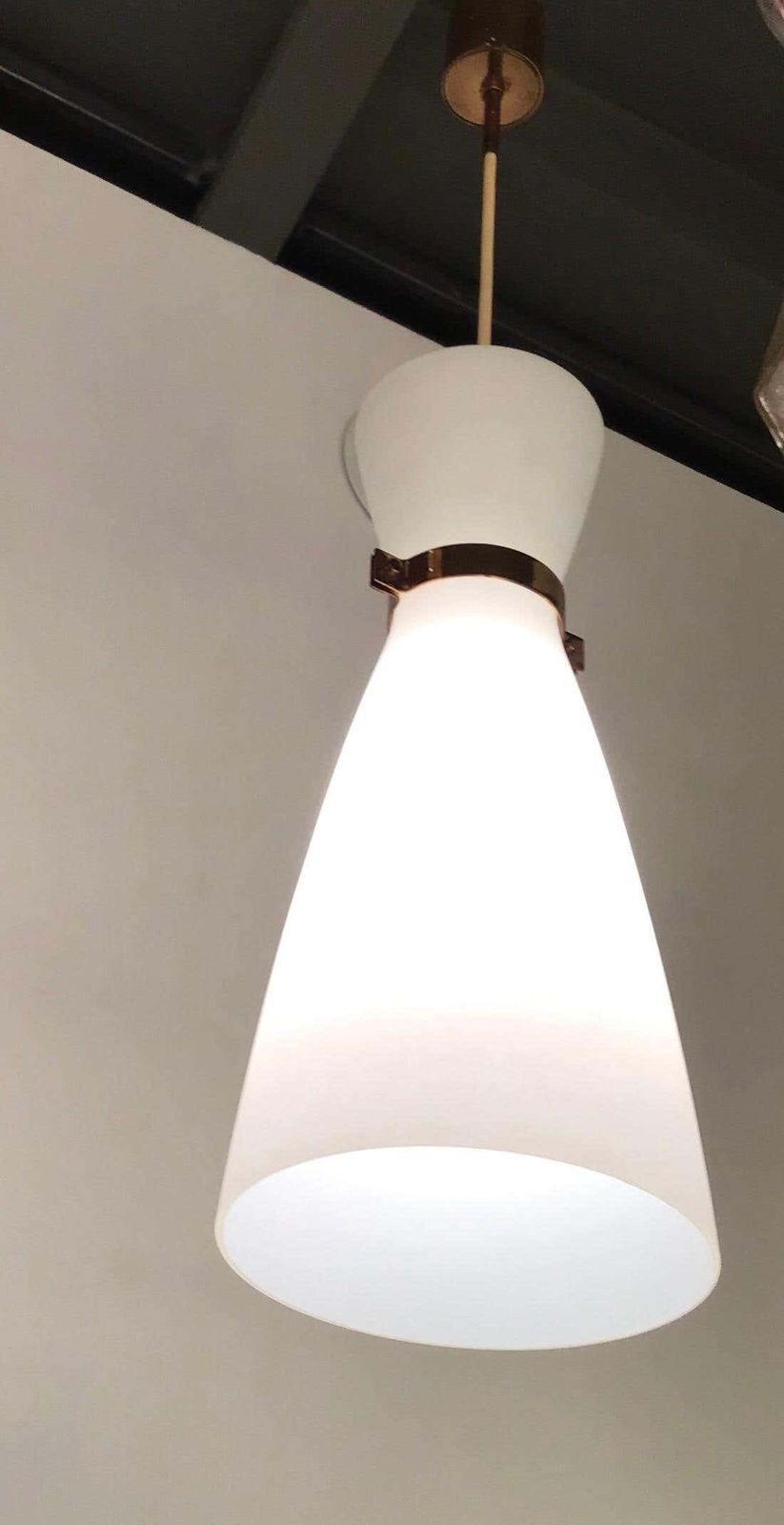 Stilnovo Chandelier Brass Opaline Glass, 1950 photo furniture