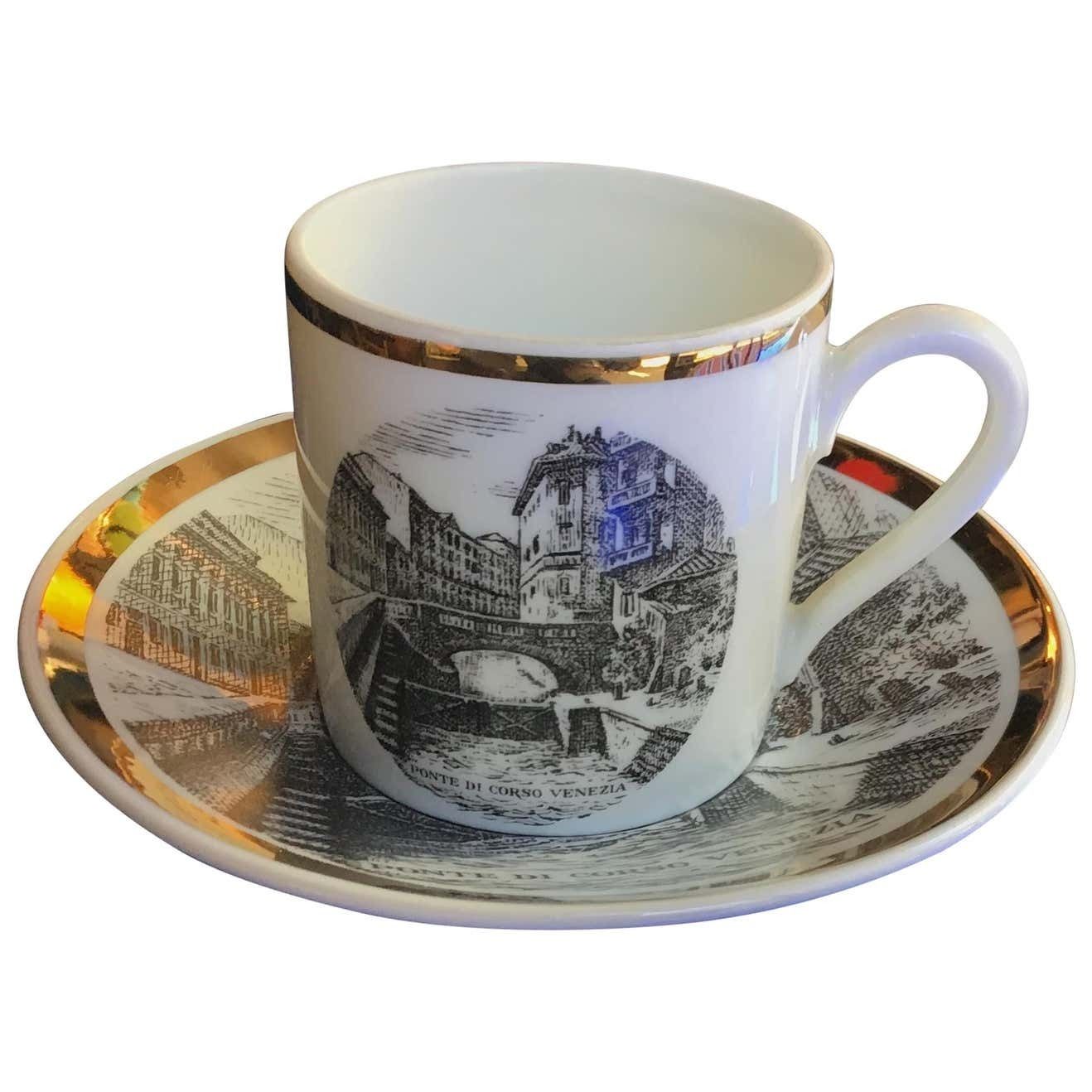 Fornasetti Porcelain Cup Of Coffee Gold “Ponte Corso Venezia”, 1950