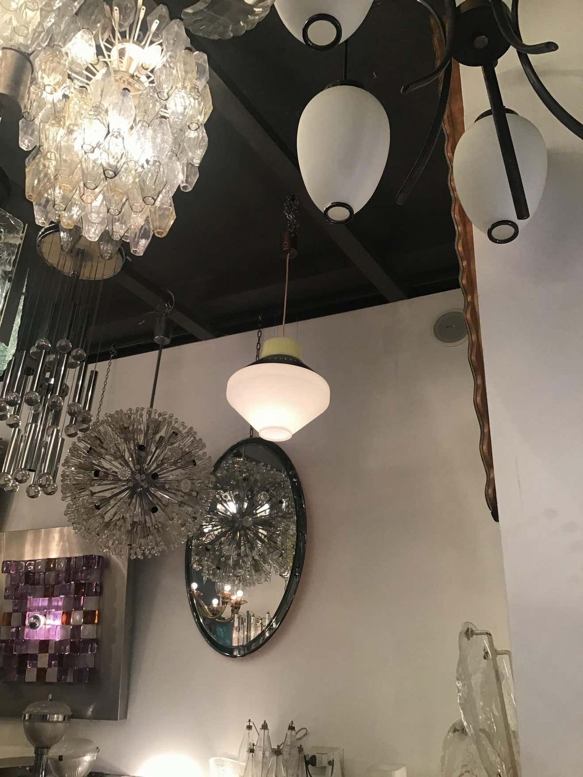 Stilnovo Chandelier Opaline Glass Brass Metal 1955 Italy photo Lighting